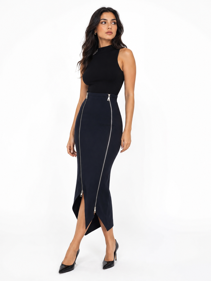 Zipper Detail Asymmetric Maxi Skirt - Noir